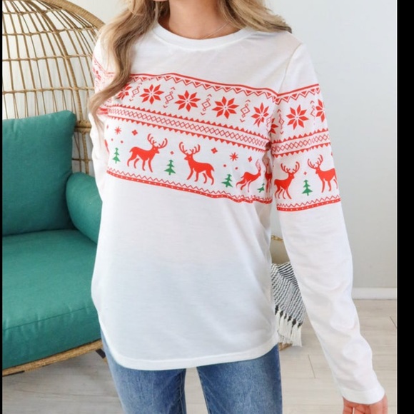 🎉2X HP🎉 C+D+M Fair Isle Reindeer LS Tee 💗 White Red Green - Picture 3 of 12